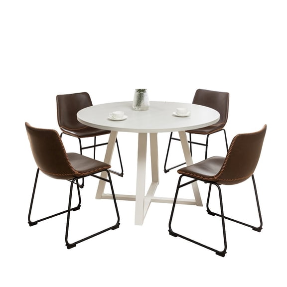Roundhill Furniture Varna 5-Pc Round Dining Set, Trestle Dining Table with 4 Chairs, Antique Brown