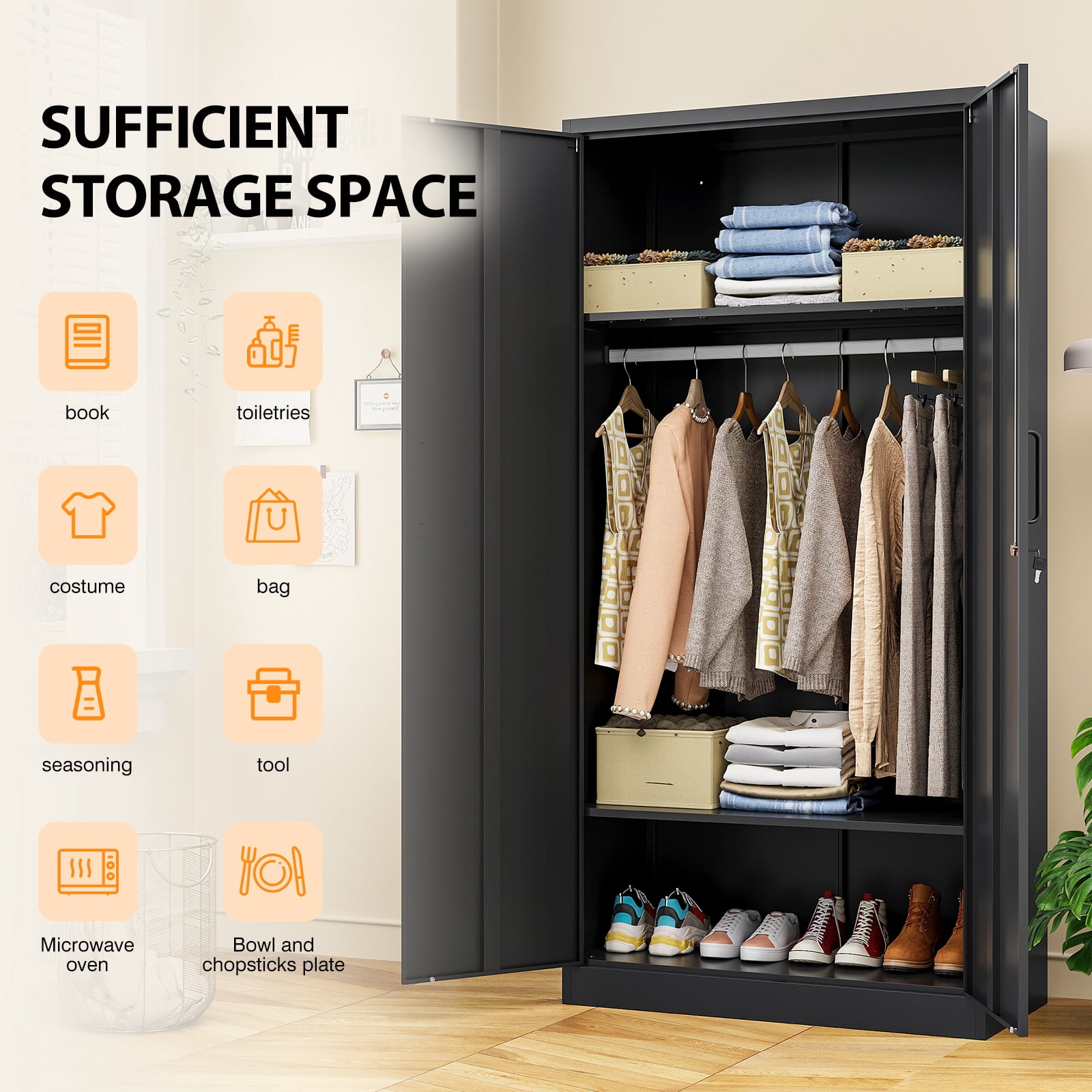 STANI Metal Armoire Closet with Lock, 72" Tall Wardrobe Cabinet with Hanging Rod,Black Steel Clothing Locker Storage for Home,Bedroom,Office,Employee