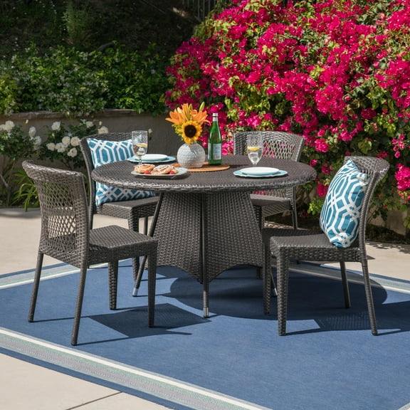 Alvin Outdoor 5 Piece Wicker Dining Set, Grey