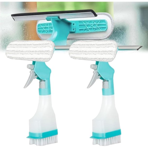 Cepillo de limpieza multifuncional 4 en 1, limpiador de ventanas de doble cara con raspador, rociador, cepillo de felpa y cepillo duro, herramienta de limpieza del hogar para espejos de ventanas, cerá