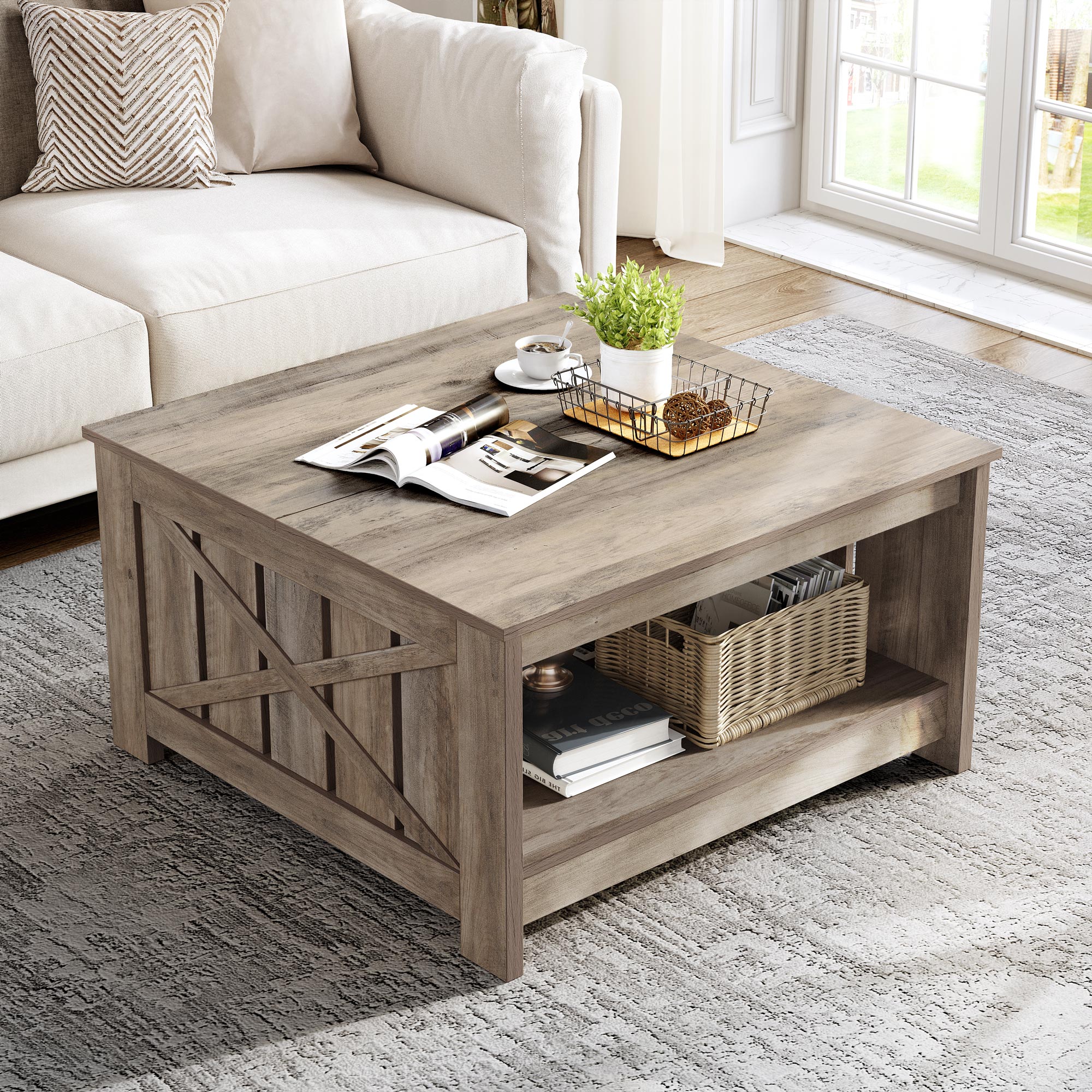 DWVO Square Wood Farmhouse Coffee Table with Barn Door and Storage for ...