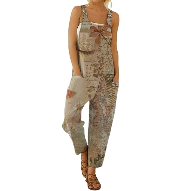 Innerwin Pantalons Longs Imprimé Abstrait Combinaisons pour Femmes Vacances avec Poches Combinaison Décontractée Kaki G