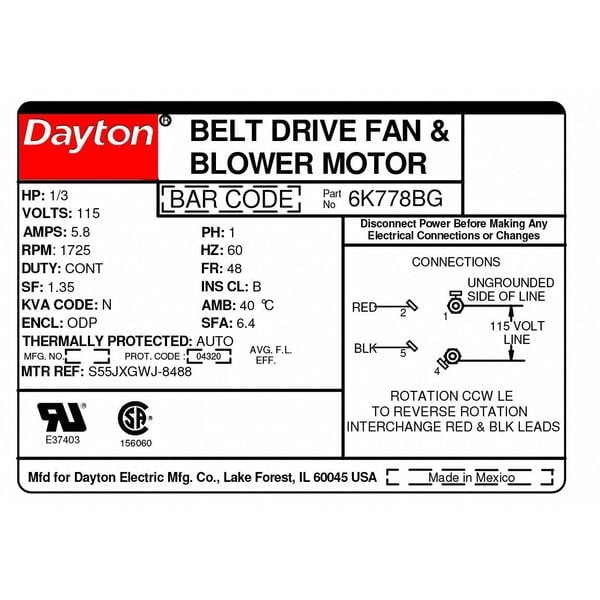 Dayton 1/3 HP Belt Drive Motor - 1725 RPM, 115V, Split-Phase, Frame 48 For Fans & Blowers