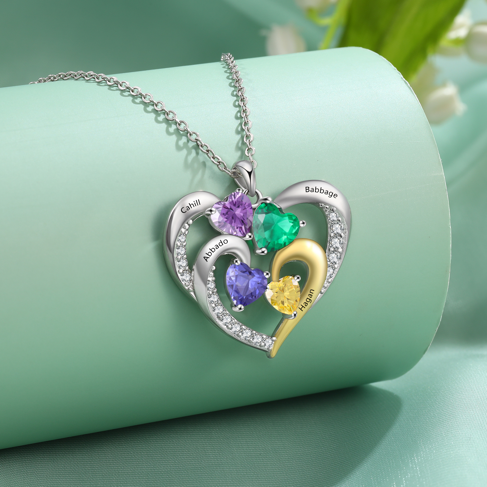 Mementos Personalized Sterling Silver Family Women's Necklace with 4 Birthstones and Names