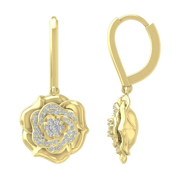 ARAIYA 10K Yellow Gold Round Diamond flower Dangle Earrings (1/2 cttw, I2-I3 Clarity, I-J Color)