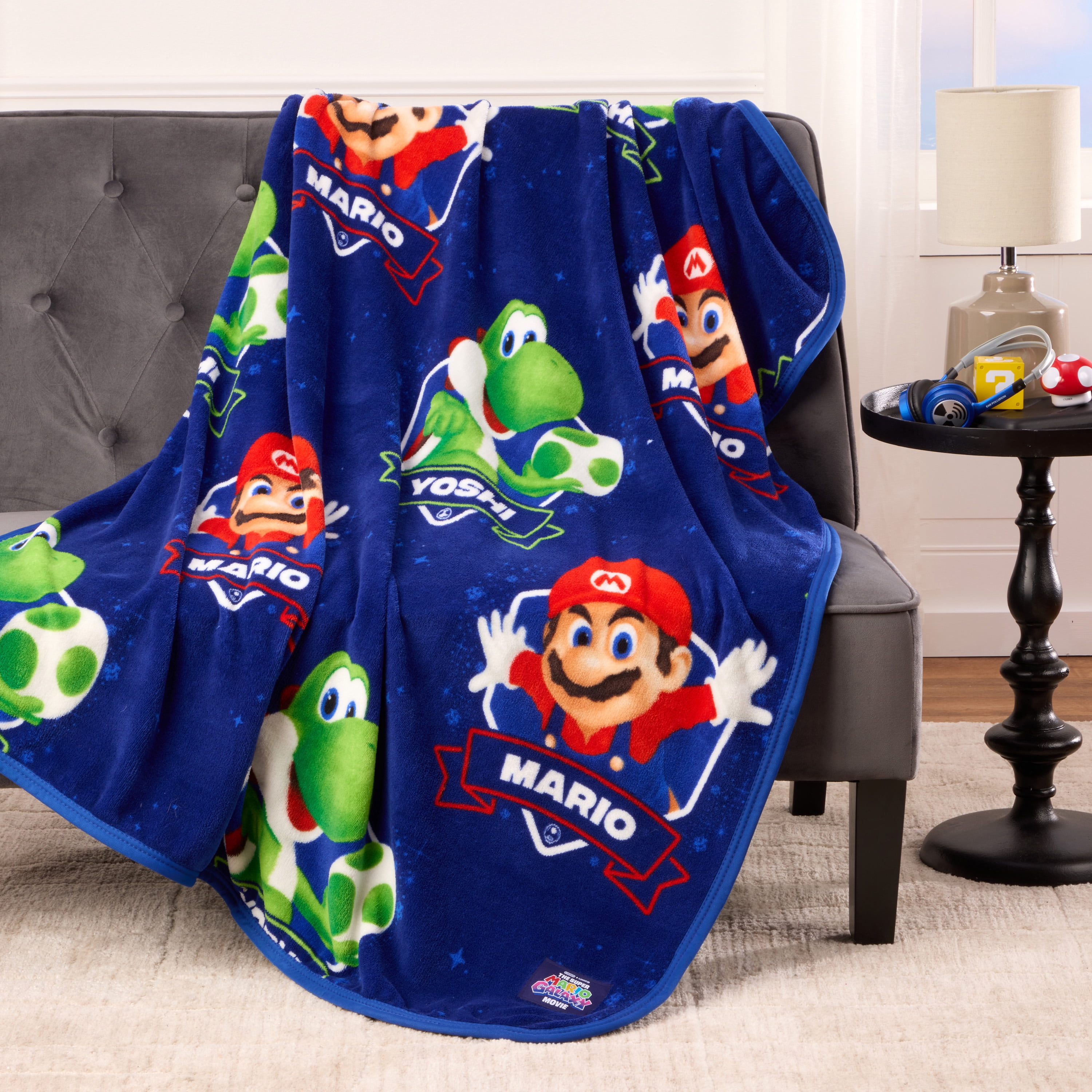 Super Mario Galaxy Movie Kids Blue Print Fleece Throw Blanket, 46 x 60