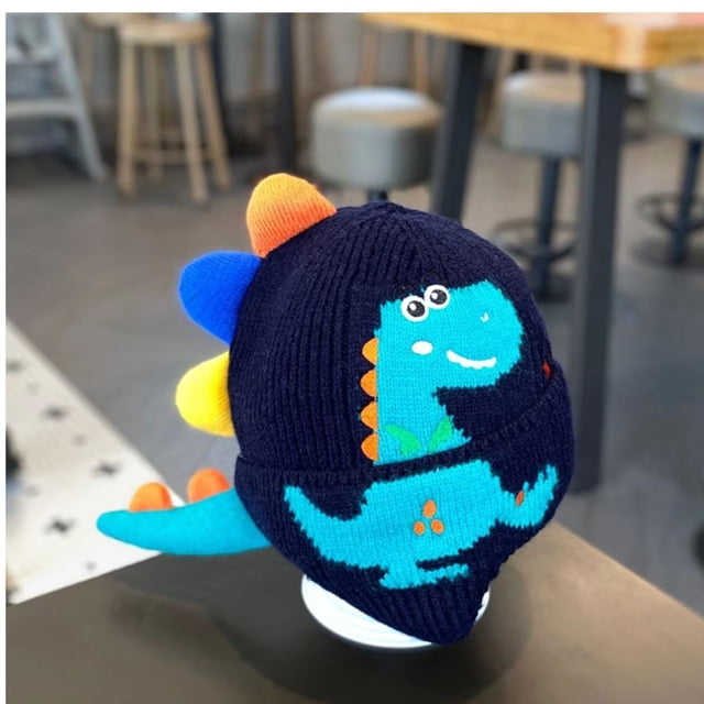 Gorro para niños, otoño e invierno, lindo y súper lindo gorro de lana de punto con dinosaurio para niños y niñas, protección para los oídos a prueba de viento, gorro grueso y cálido