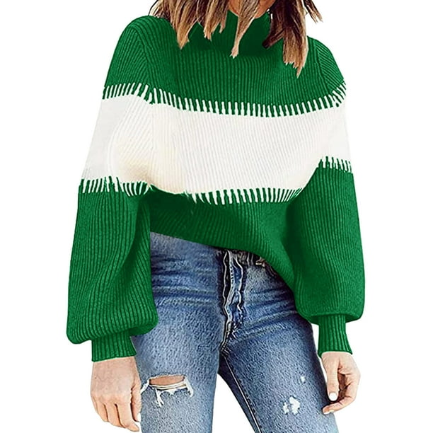 Gibobby SueTer Para Mujeres Para Frio Sueter de punto de manga larga con cuello y cuello en contraste para mujer Verde XG Bodega Aurrera en linea