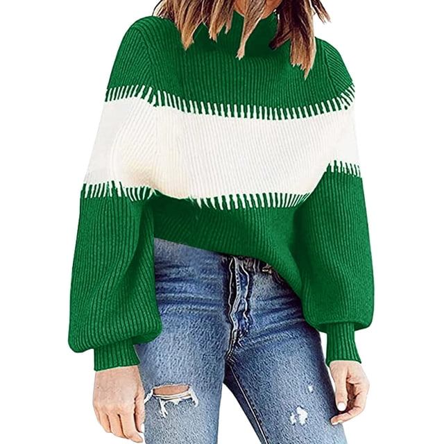 Suéter Gibobby de punto de manga larga con cuello en contraste para mujer Verde L