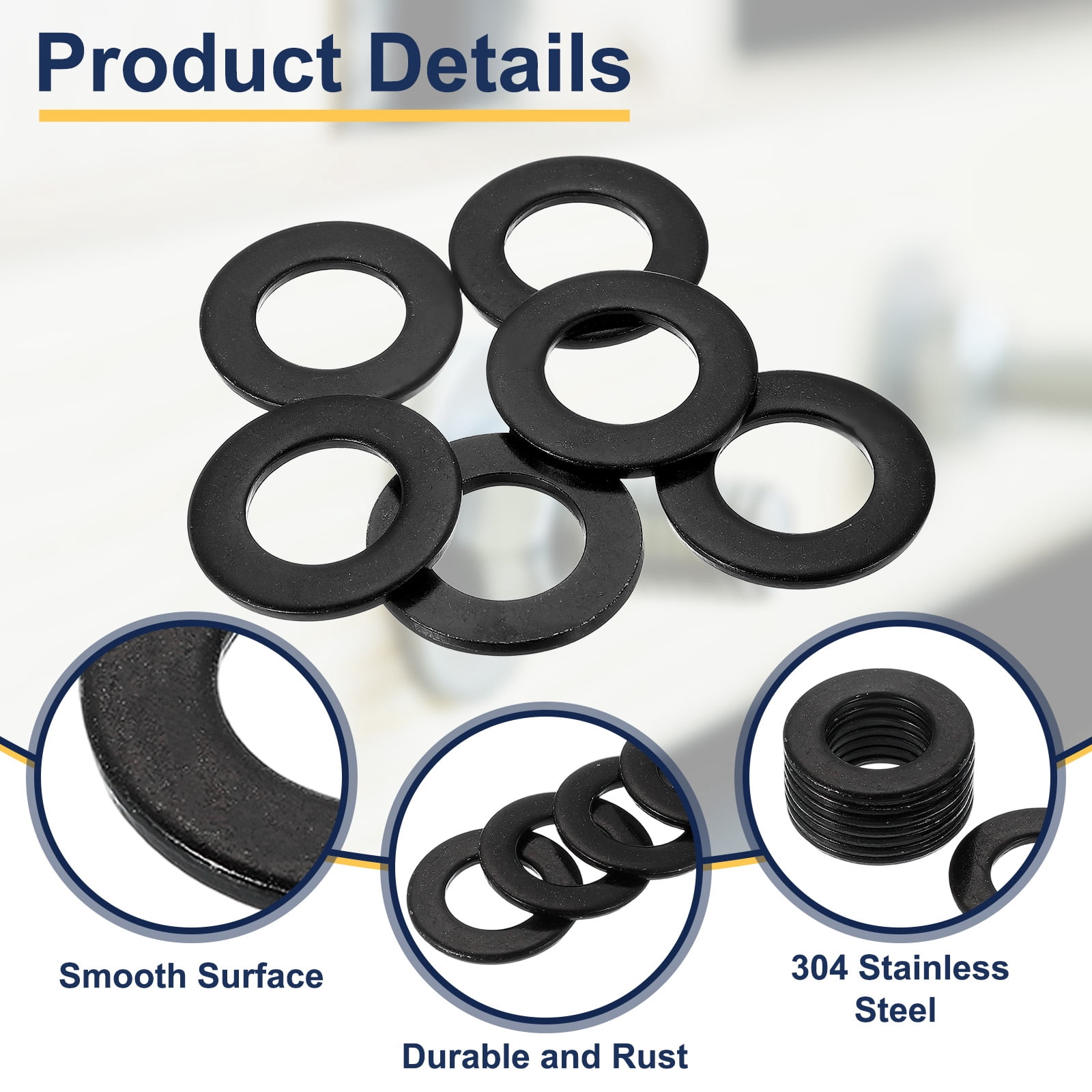 6 Pcs Flat Washer for Screws, Stainless Steel Washers 27mm ID x 50mm OD x 4mm Thick for Bolts, Factories Repair, Kitchens, Shops, Black