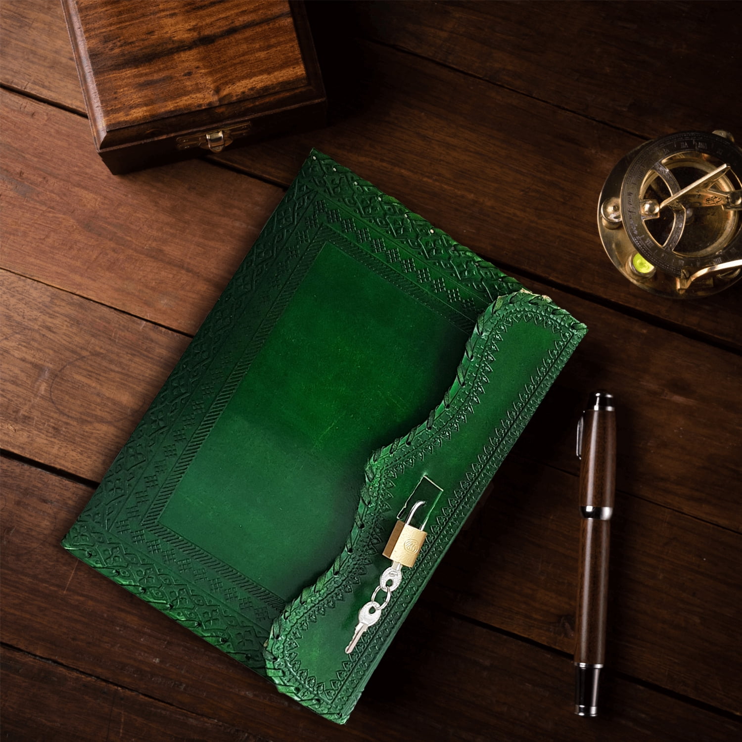 Jaald 10" Leather Journal Blank Notebook Handmade Travel Diary with Lock Writing Bullet Journal Christmas Gift Green Sketchbook for Artists