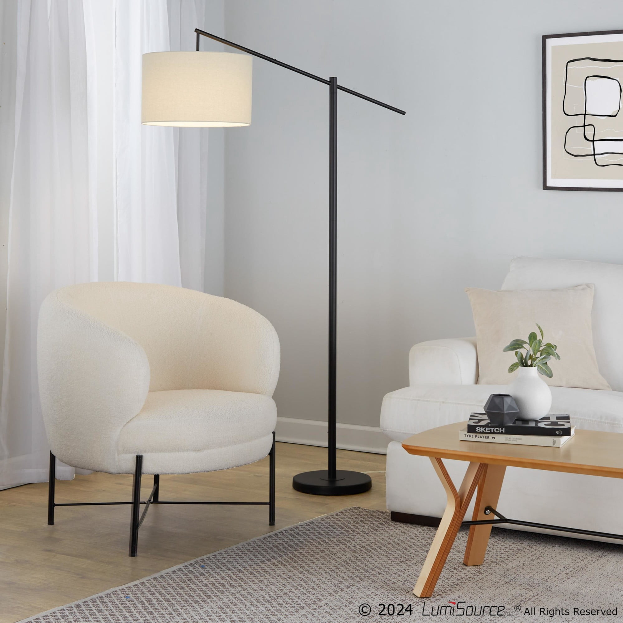 LumiSource Matte Black Metal, Natural Linen Casper 69" Metal Floor Lamp