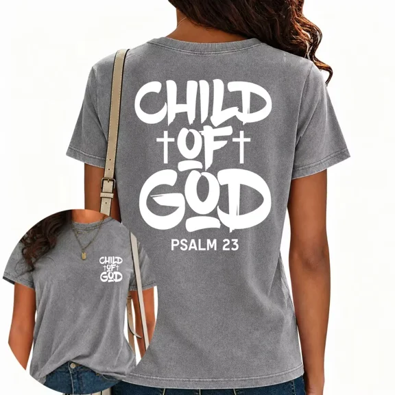 UNISHE Womens "Child of God" Print T-Shirts Psalm 23 Graphic Tees Vintage Washed Christian Short Sleeve Streetwear Tops Gray, M