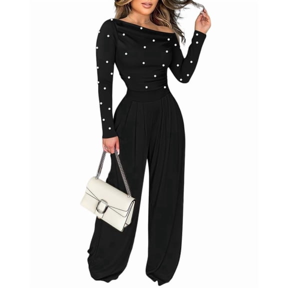 CHICME Jumpsuits for Women Dressy Pearls Decor Long Sleeve Casual Ruched Wide Leg Rompers Black-S