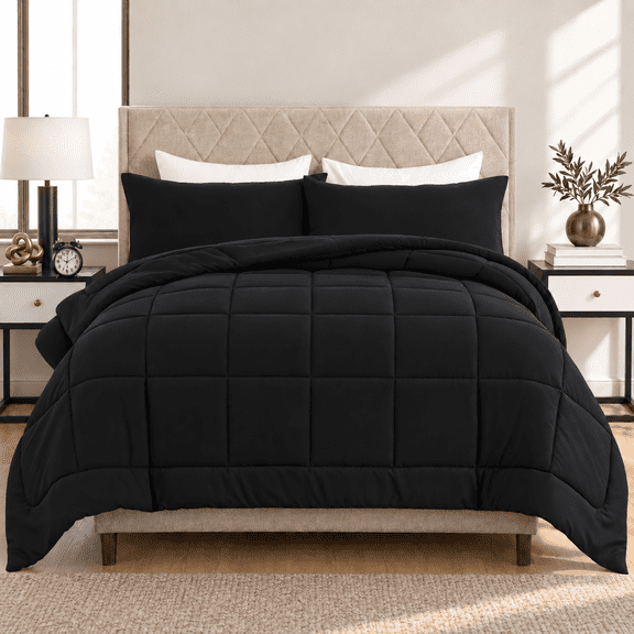 YEPCLUB 3-Piece Queen Size Comforter Set, Black Down Alternative Reversible Bedding Set, All-Season Quilted Soft Comforter with Pillowcases