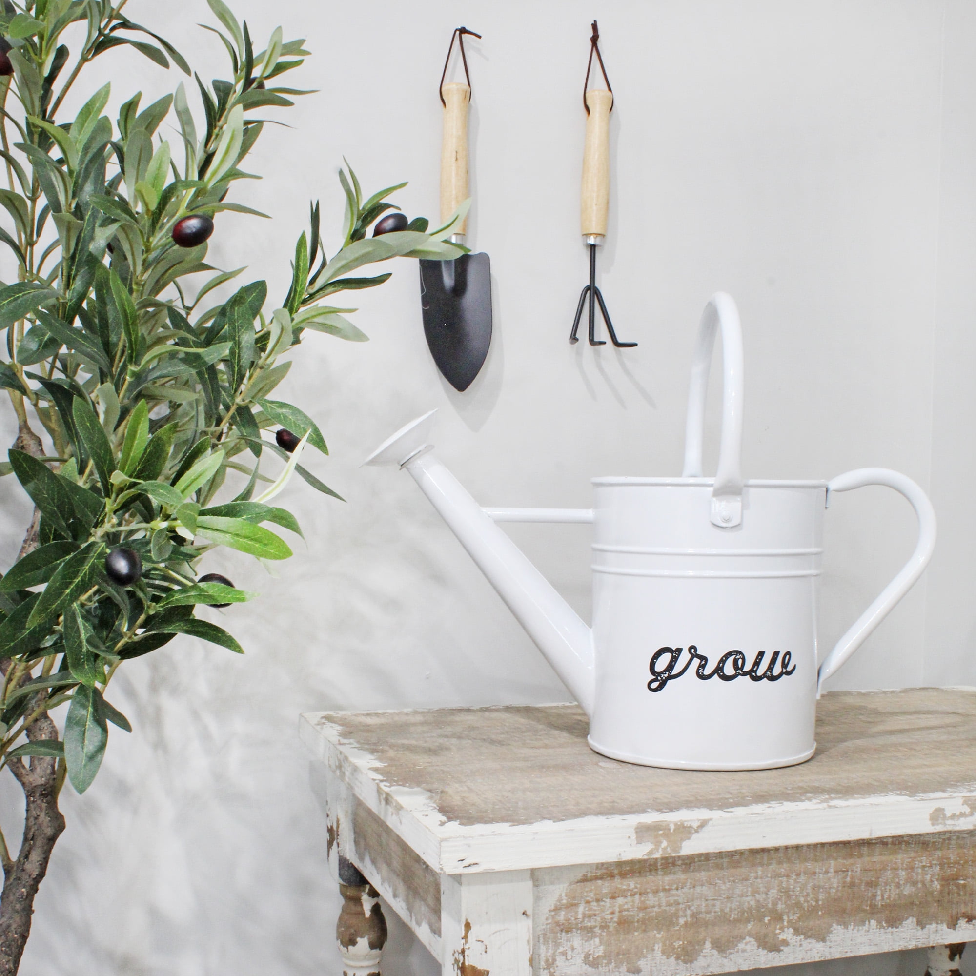 AuldHome Design Farmhouse Enamel Watering Can (White); Rustic Metal Watering Pitcher for Home Decor and Gardening