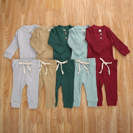 

Biekopu 0-24M Newborn Autumn Baby Clothes Set Toddler Girl Boy Solid Long Sleeve Romper Tops Pants Outfits 5 Colors