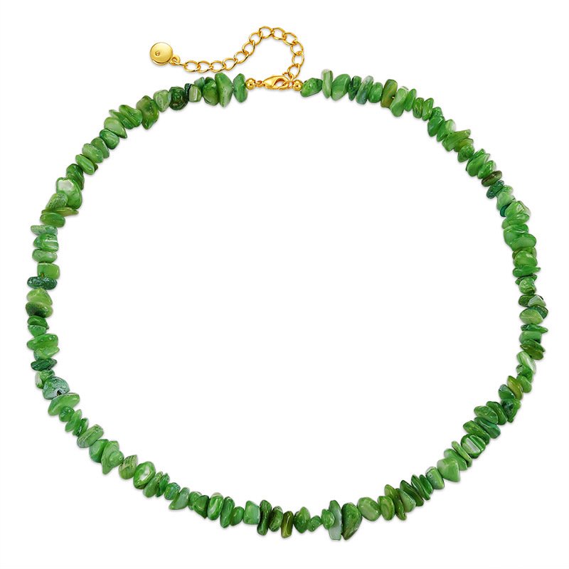 PRIYAL Vibrant Natural Green Jade Chip Beaded Choker, 14K Gold Plated Adjustable Irregular Raw Gemstone Necklace for Women Boho Forest Summer Jewelry