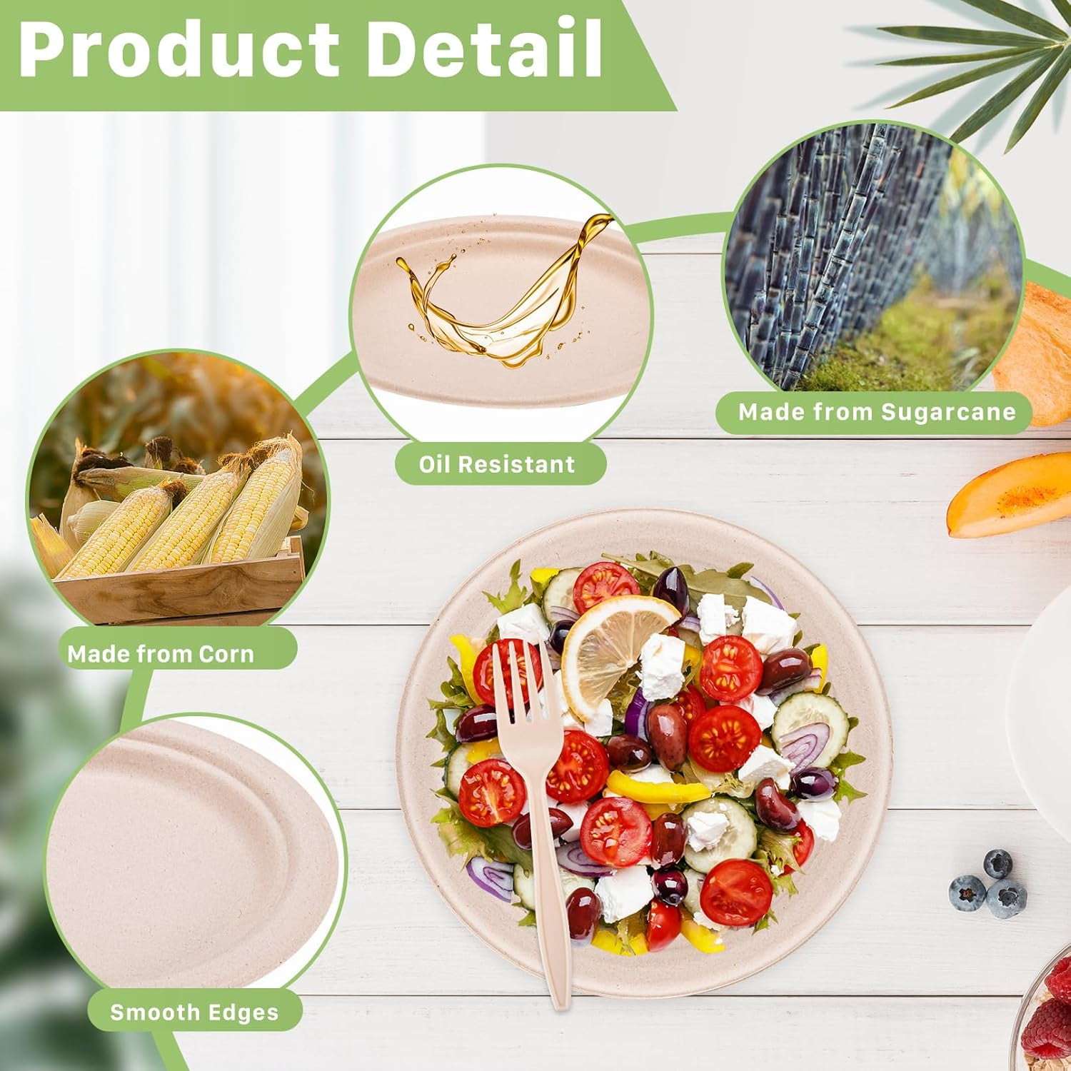 250 PCS Compostable Paper Plates Set,Heavy Duty Disposable Paper Plates Set,Biodegradable plates and utensils Includes Plate,Extra Long Forks,Knives,Spoons for Party Camping