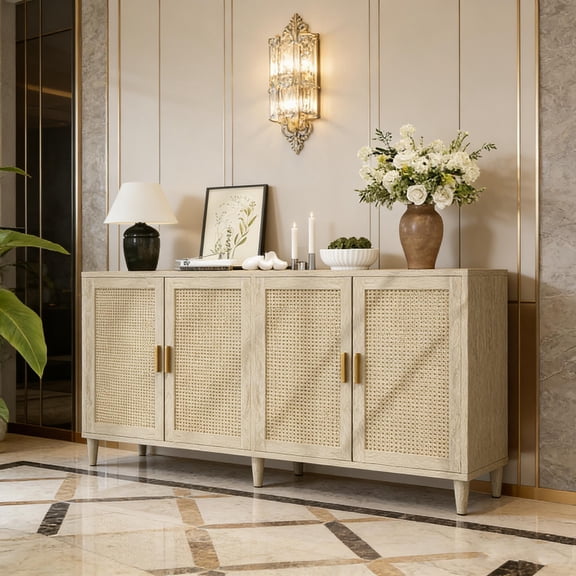 70" Rattan Buffet Cabinet with Storage, 4-Door Sideboard Buffet Cabinet with Adjustable Shelves for Kitchen, Living Room and Dining Room, Easy Assembly, Natural Finish