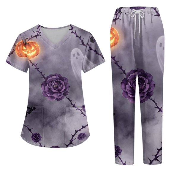 2026 Womens Halloween Scrub Set, V-Neck Short Sleeve Top & Pants Medical Uniform for Nurses, Healthcare Workers with Pockets, 01-Light Gray, S