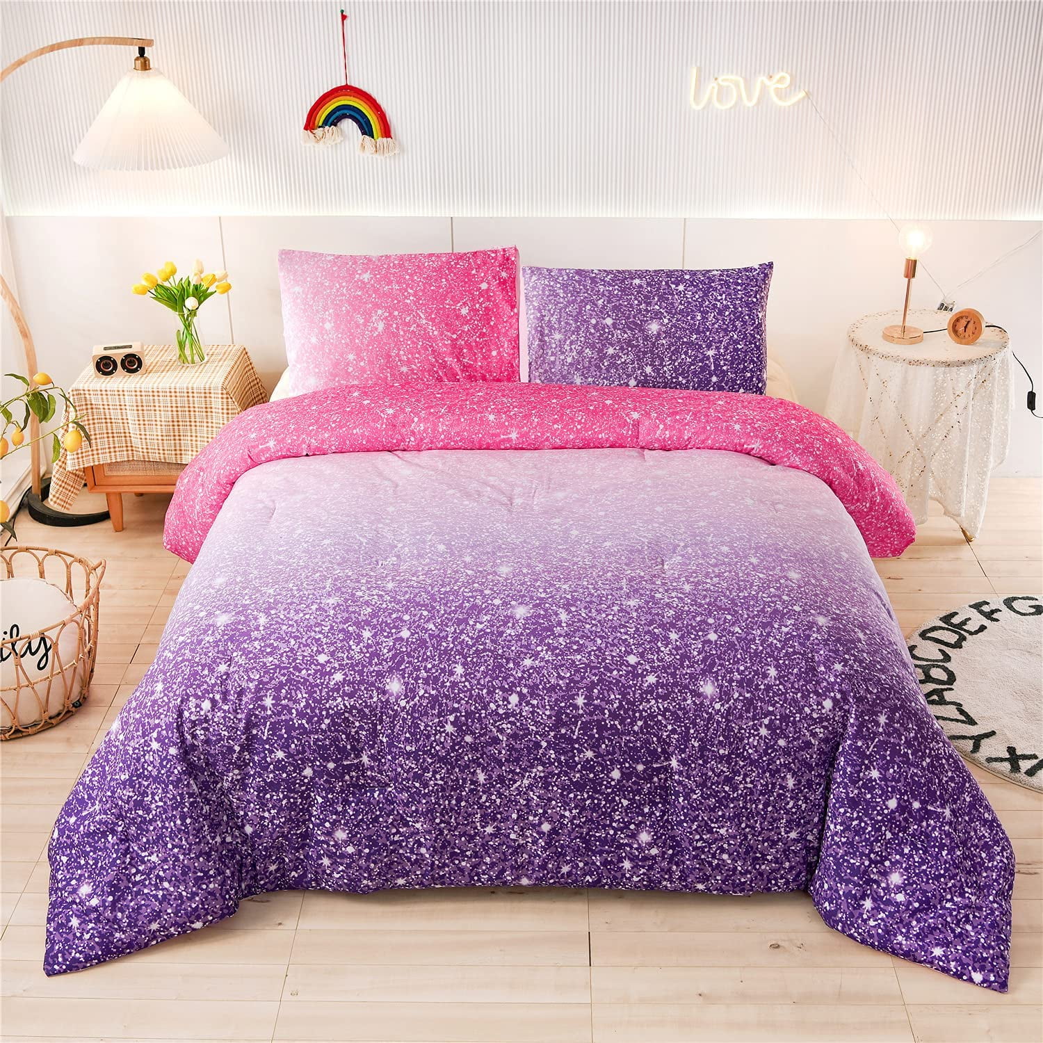 NTBED Kids Space Star Glitter Comforter Set Ombre Pink Purple Gradient Bedding Set Full Size for