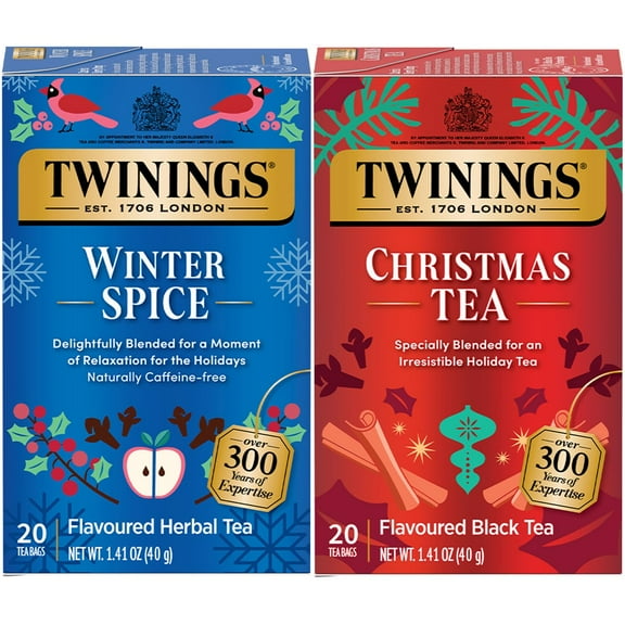 Twinings Holiday Sweet & Spicy Tea Variety 2-Pack – Caffeinated Christmas Tea and Caffeine-Free Winter Spice Herbal, Christmas Gift, 20 Tea Bags Ea