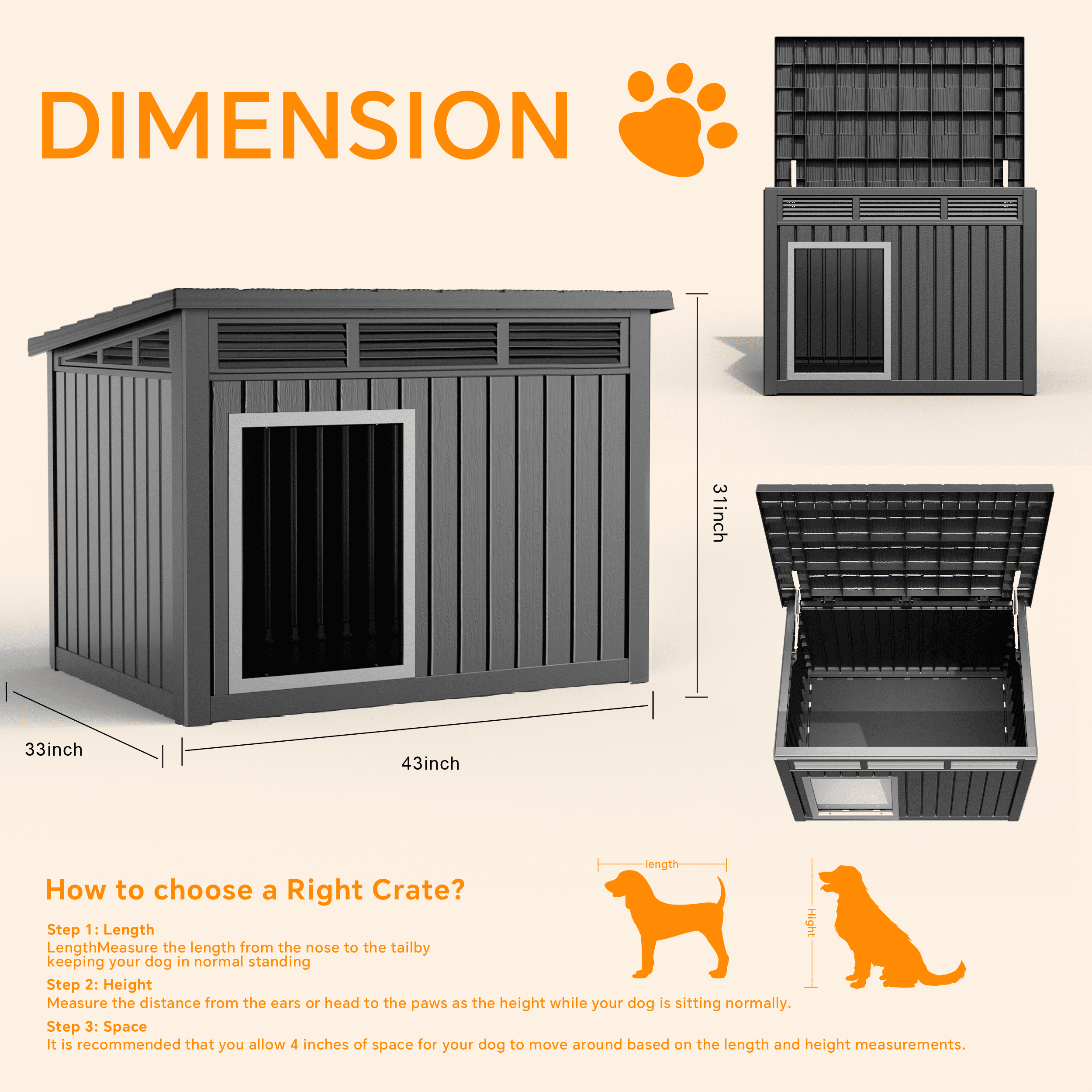 EasyUp Dog House for Both Indoor and Outdoor with Weatherproof Roof Removable Floors for Medium to Large Dogs Interior Space (Black, Large (42.87 * 32.95 * 31.61''))