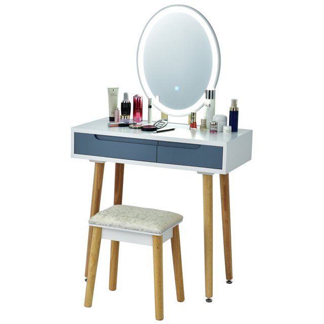 Costway Coiffeuse Table de Maquillage Écran Tactile 3 Modes d'Éclairage Ensemble Table de Toilette Tabouret Gris