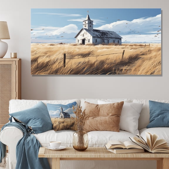Designart "Serene Church in Rural Farm Town" Extra Large Spiritual Wall Art - Global Blue Folk Religion Living Room Canvas Art
