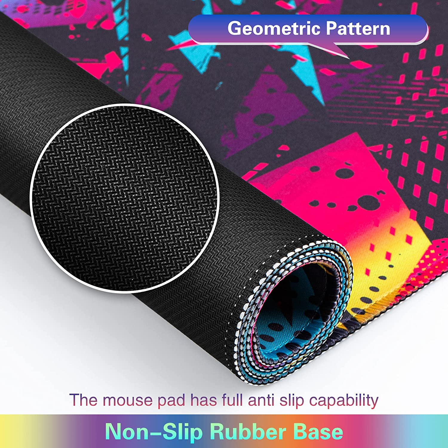Gaming Mouse Pad, Extended Mouse Pad 31.5x15.7inch XXL Large Big Computer Keyboard Mouse Mat Desk Pad with Non-Slip Base and Stitched Edge for Home Office Gaming Work (Colorful Geometric)
