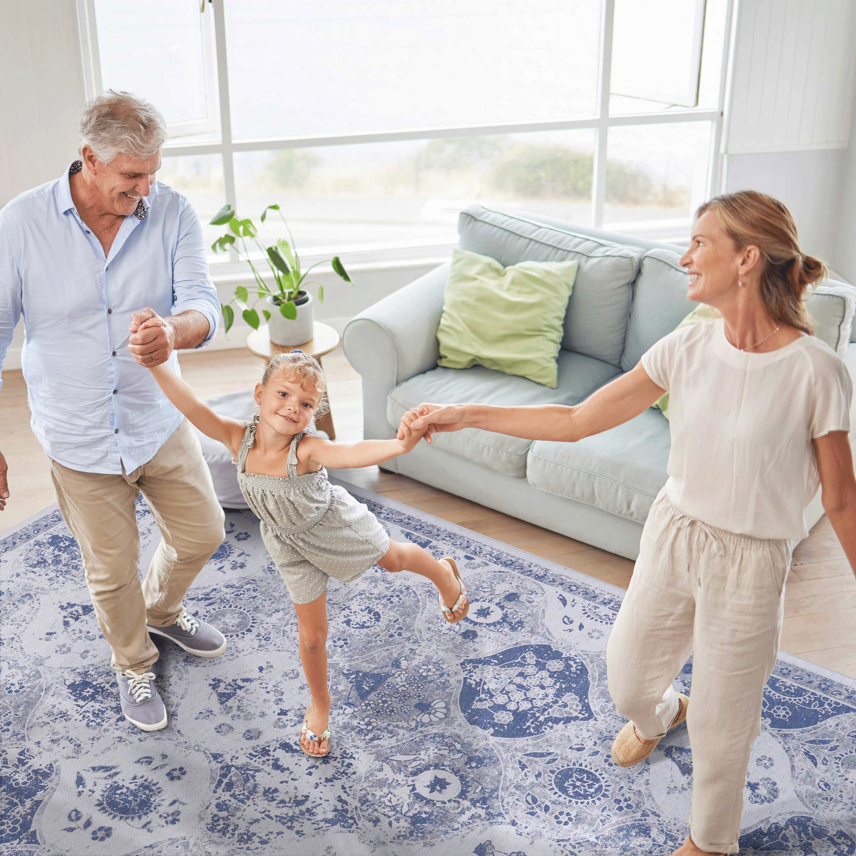 Blue Area Rug 5x8, Washable Low-Pile Non-Slip Non-Shedding Foldable Rug, Kid & Pet Friendly Indoor Floor Mat for Living Room Bedroom Kitchen