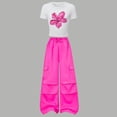 thumbnail image 2 of qolati Girls Summer Clothes 2 Piece Short Sleeve Lace Bow Print Tops Wide Leg Pants Set Little Girl Outfits Size 8-13, 2 of 9