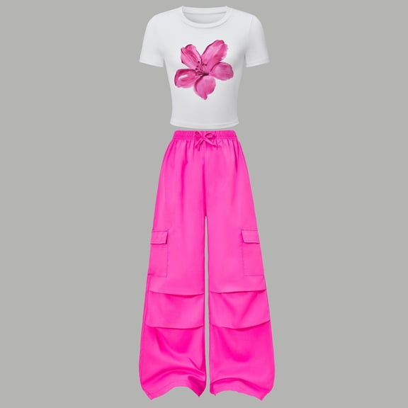 ITSAME Girls Outfit Set, Floral Print T-Shirt and Cargo Pants Summer Fashion Casual Clothes 2-Piece Hot Pink Size 12