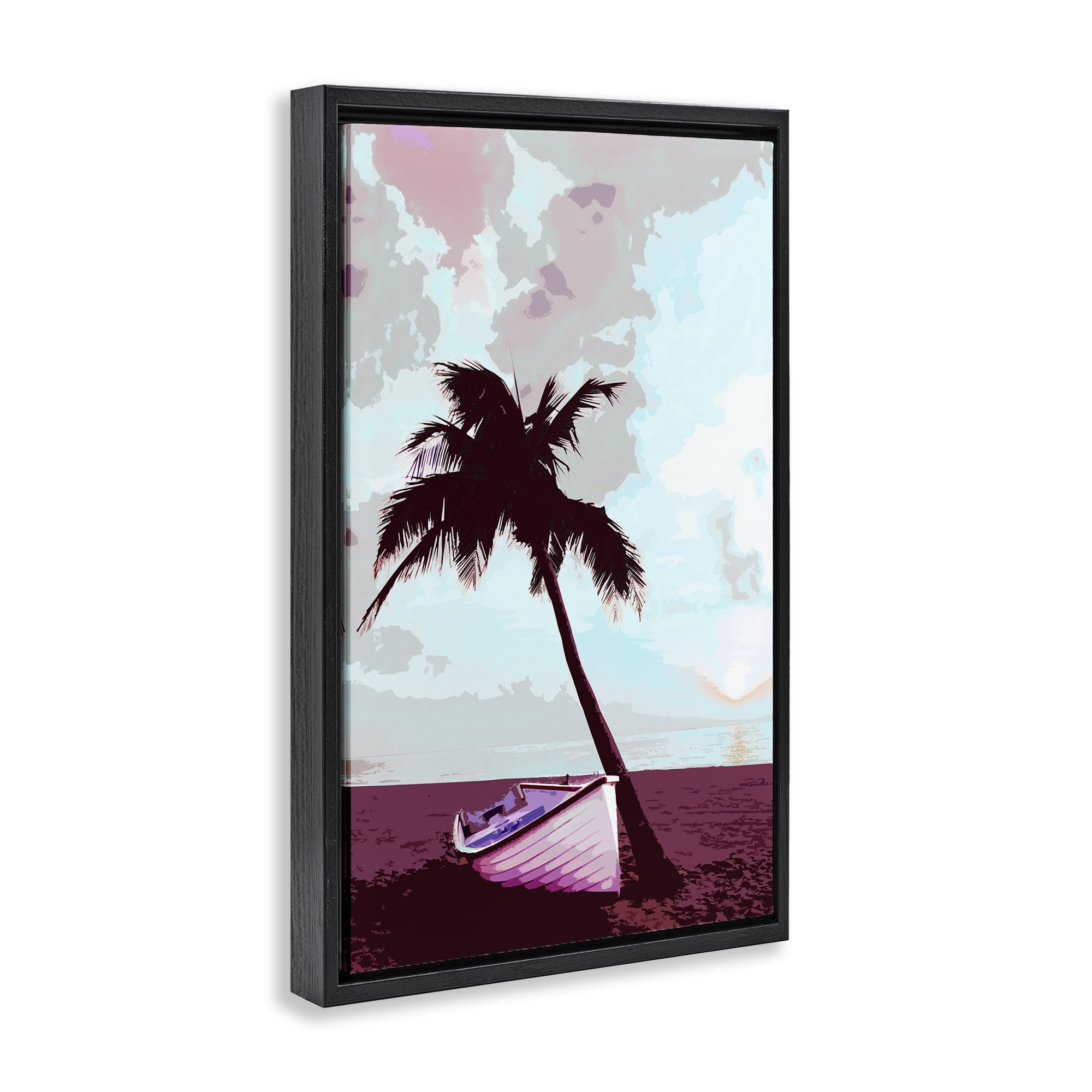 Stupell Industries Boat & Palm Tree Landscape Painting Black Floater Framed Canvas Art Print Wall Art, 17 x 25