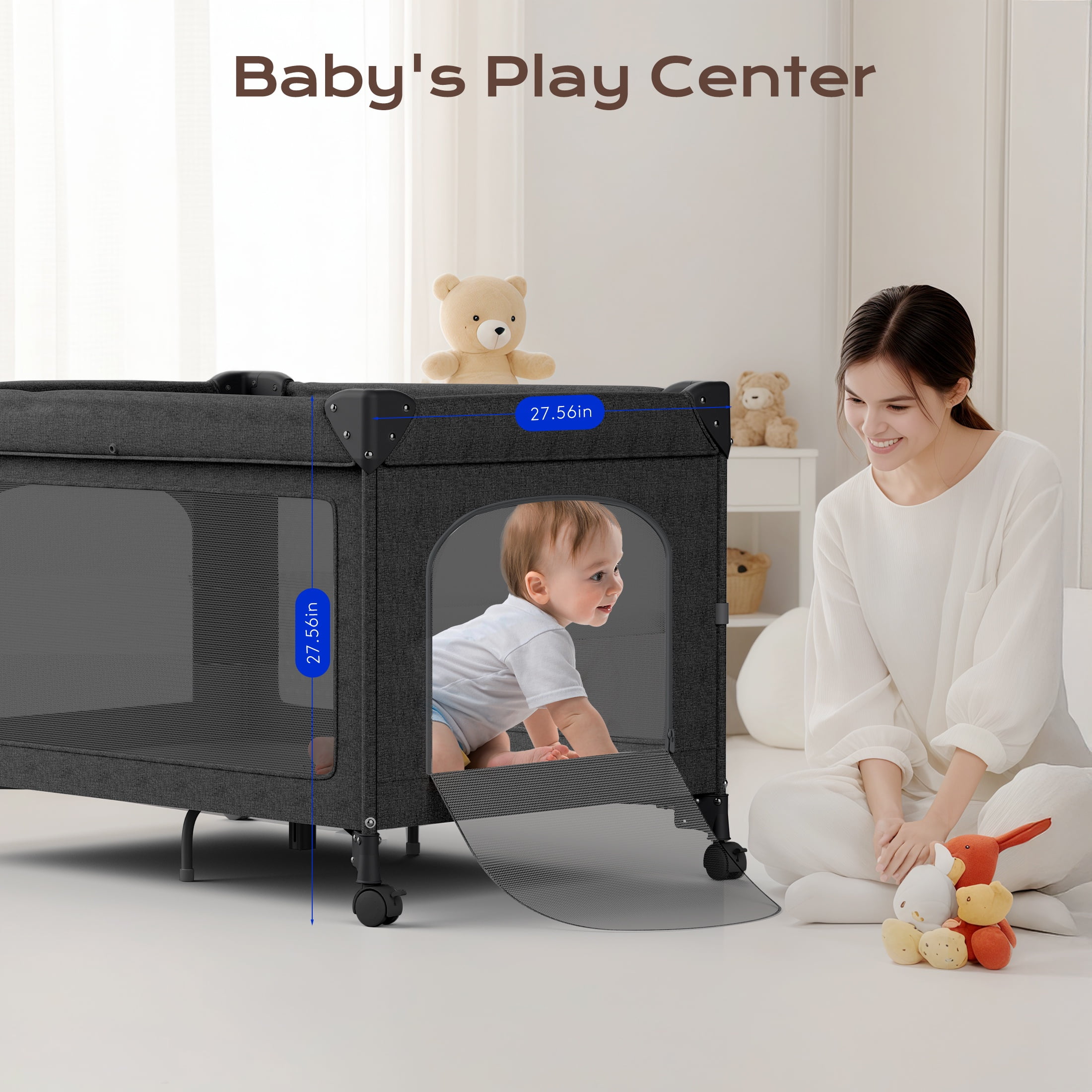 Babyomi Baby Bassinet with Changing Table, 5 in 1 Baby Bassinet Bedside Sleeper with Quick Collection Function and Storage Basket, Toys, Mosquito Net for 0-24 Months, Black