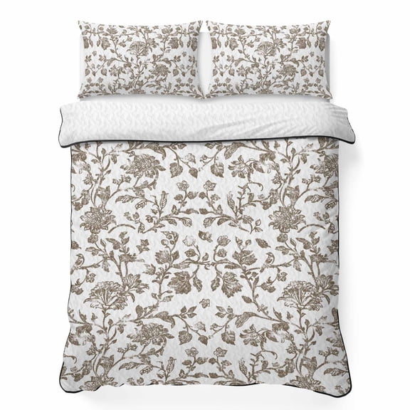 Vintage Brown Floral King Quilt Bedding Set, Farmhouse Flower Lightweight Comforter with 2 Pillow Shams Bedroom Bedspread Set Home Decor for All Seasons