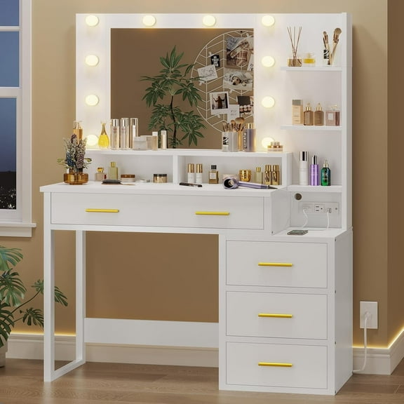 Afuhokles Vanity Desk with Lighted Mirror and Charging Station, Modern Makeup Vanity Table with Storage Shelves and Drawers, White