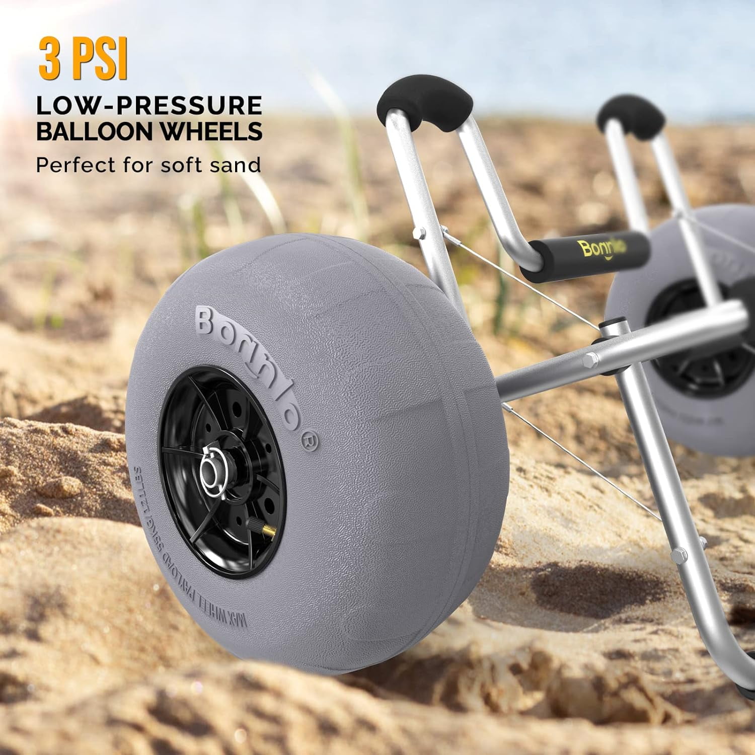 Bonnlo Kayak Beach Cart with Balloon Wheels Canoe Dolly Foldable Paddle Board Boat Cart CarrierTrolley Transport with 12" Big Balloon Wheels, Free Pump, 2 Ratchet Straps- Perfect for Soft Sand