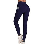 IUGA High Waist Yoga Pants with Pockets, Tummy Control, Workout Pants for Women 4 Way Stretch Yoga Leggings with Pockets (Navy Blue, Large)