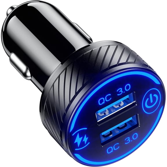 CoolStuff 214C Car Charger, Dual QC3.0 Port USB Car Phone Charger Adapter, 36W 3A Fast Charge with Touch Switch & Blue LED