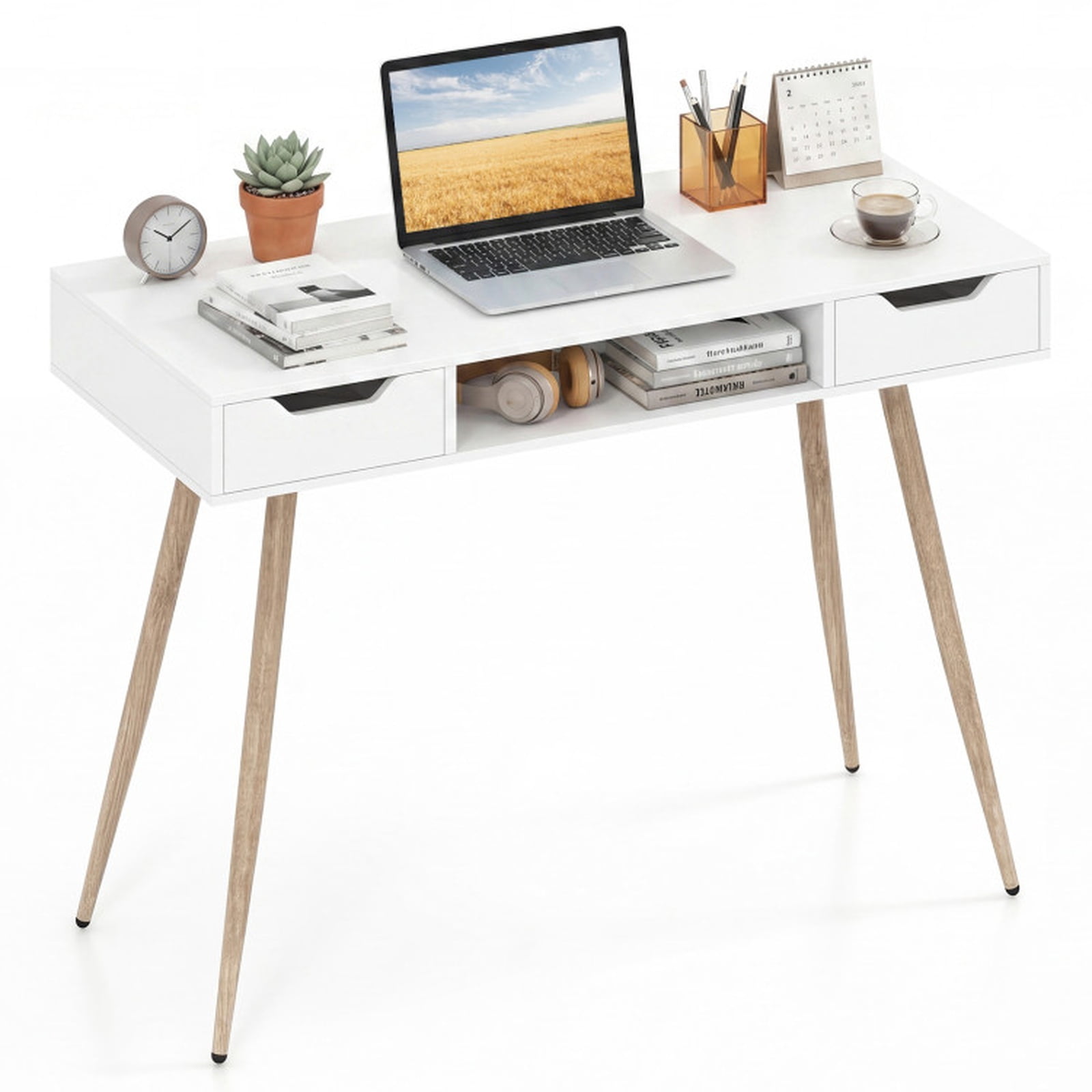 Furnibear 42.5 Inch Mid Century Modern Writing Desk With Metal Legs and 2 Drawers, White Desk With Open Compartment for Bedroom, White