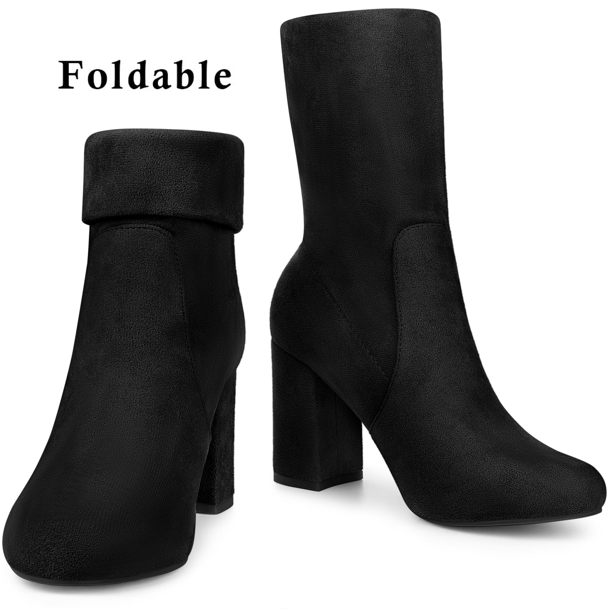DARING DIVA Women's Rounded Toe Block Heeled Foldable Mid-Calf Boots Black US 7