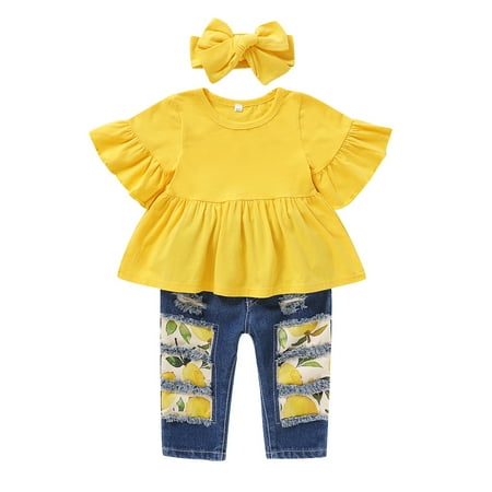 

NZRVAWS Baby Girls Outfits Solid Color Pagoda Sleeve Top+Lemon Print Ripped Jeans+Headband 3PCS Clothes Set Yellow 2-3 Years