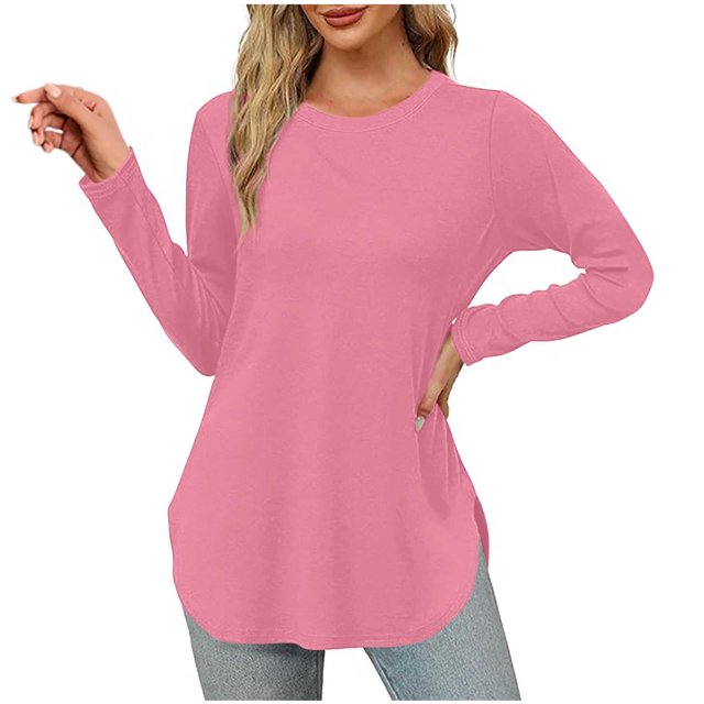 Yuyuzo Womens Tops Crew Neck Long Sleeve Side Split Solid Color Loose Casual Basic Fall Tunic Top