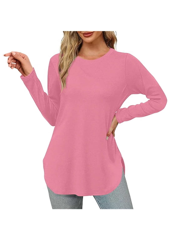 kpmatpey Womens Tops Crew Neck Long Sleeve Side Split Solid Color Loose Casual Basic Fall Tunic Top