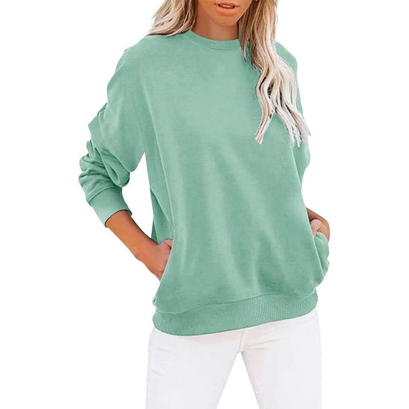 EchfiProm Sweatshirts for Women Crewneck Hoodless Soft Green Tops for Women 2023 Long Sleeve Solid Pullover
