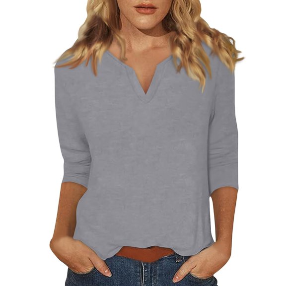 Long Sleeve Shirts For Women 3/4 Sleeve Tops For Summer Notched V Neck Plain T Shirts Casual Cute Three Quarter Length Blouses Womens Long Sleeve Tops