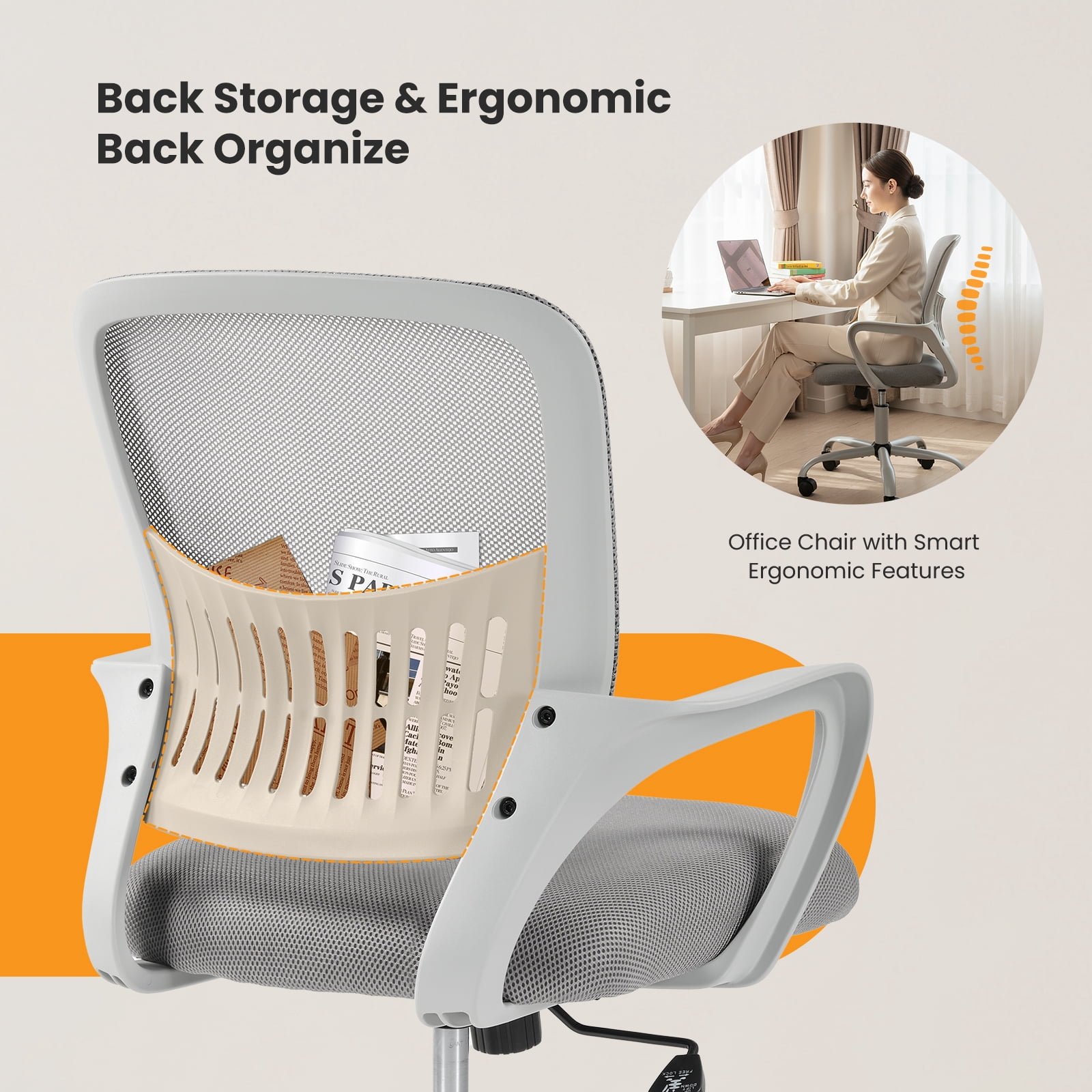 Gianna Ergonomic Mesh Office Chair with Fixed Armrests, Lumbar Support, and Mid-Back Design for Home & Desk Use with Smooth-Rolling Wheels, Gray