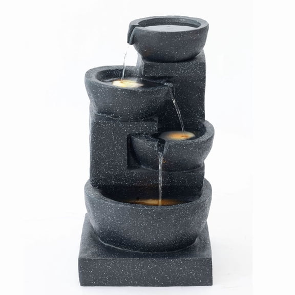 S-HOME 29-Inch Terrazzo Style LED Outdoor Fountain with 4 Tiers Cascading Bowls for Outdoor Gardens